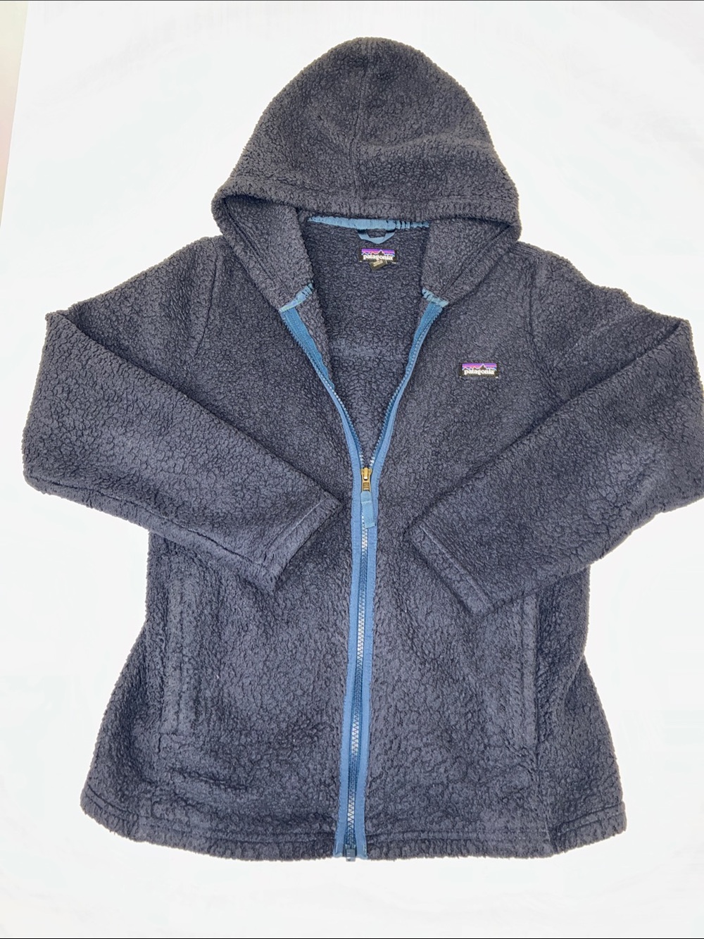 Patagonia Kids Navy Blue Hooded Fleece with Blue Zip